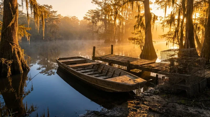 A flat-bottom boat at a weathered landing on a cypress swamp at sunrise, How to Start a Hunting Guide or Outfitter Business in Louisiana
