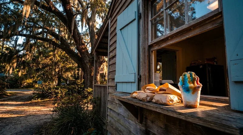 A small neighborhood Louisiana food spot: a po-boy counter and a pastel sno-ball stand window under a shady oak, How to Open a Restaurant in Louisiana