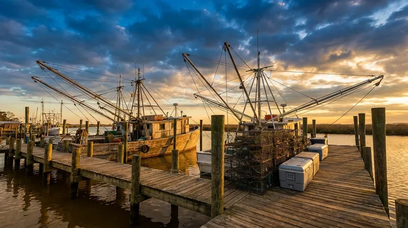 Shrimp boats with outriggers tied up at a wooden bayou dock at sunrise, How to Open a Seafood Market or Seafood Dealer Business in Louisiana