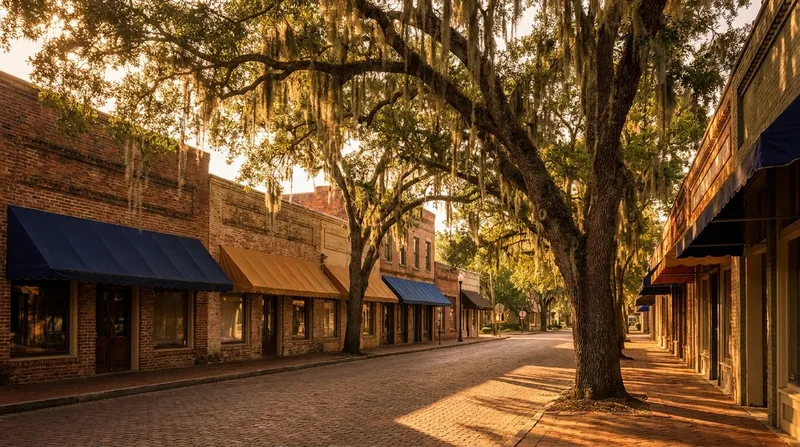 A small Acadiana downtown: brick storefronts with awnings, Lafayette Business License