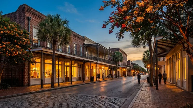 A walkable South Louisiana commercial street with low brick and stucco storefronts, St. Charles Parish Business License and Sales Tax
