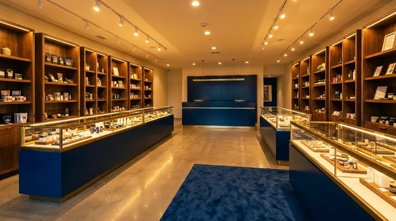 Licensed retail interior with glass display cases and wood shelving, How to Sell Hemp and THC Products in Louisiana Under Act 752