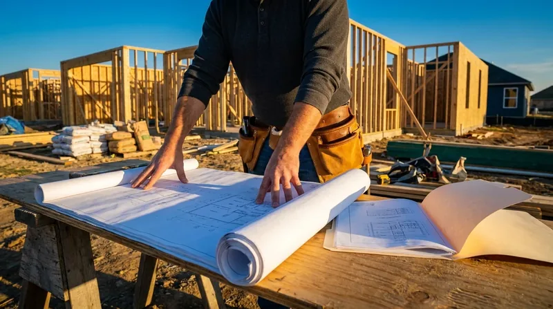 Contractor reviewing blueprints at a framed residential jobsite, Louisiana Home Improvement Registration